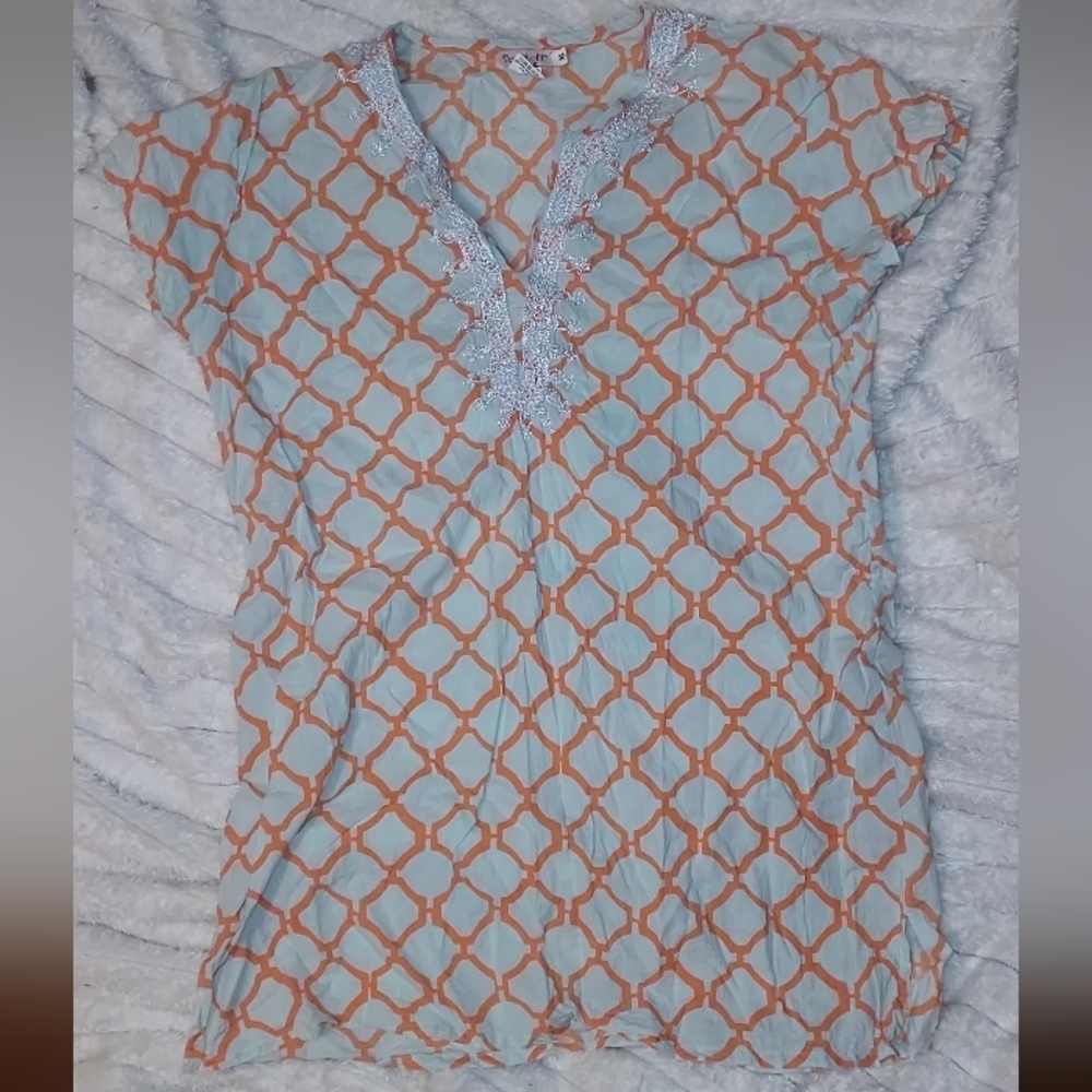 Beachcore Blue And Orange Cotton Geo Blouse